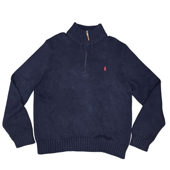Polo Ralph Lauren Navy 1/4 Zip Pullover Sweater XXL Cotton Mens Ribbed Knit - Picture 2 of 8